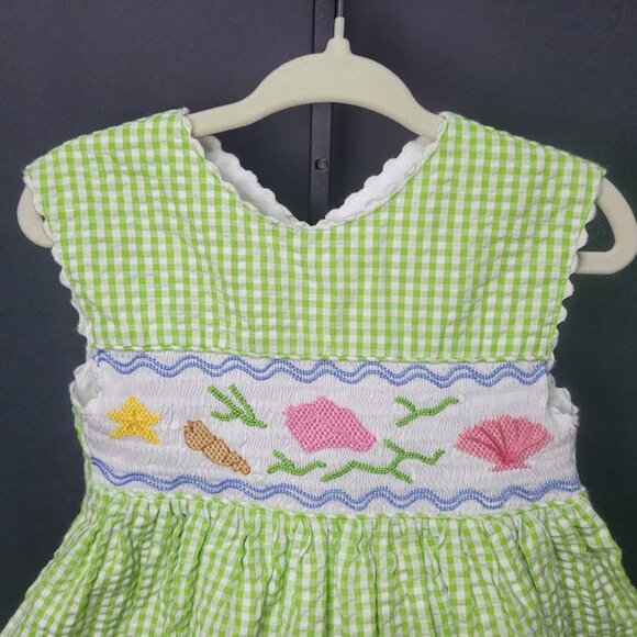 Girls Green and White Seersucker Smocked Dress w/ Seashell Print 2 - Picture 2 of 10